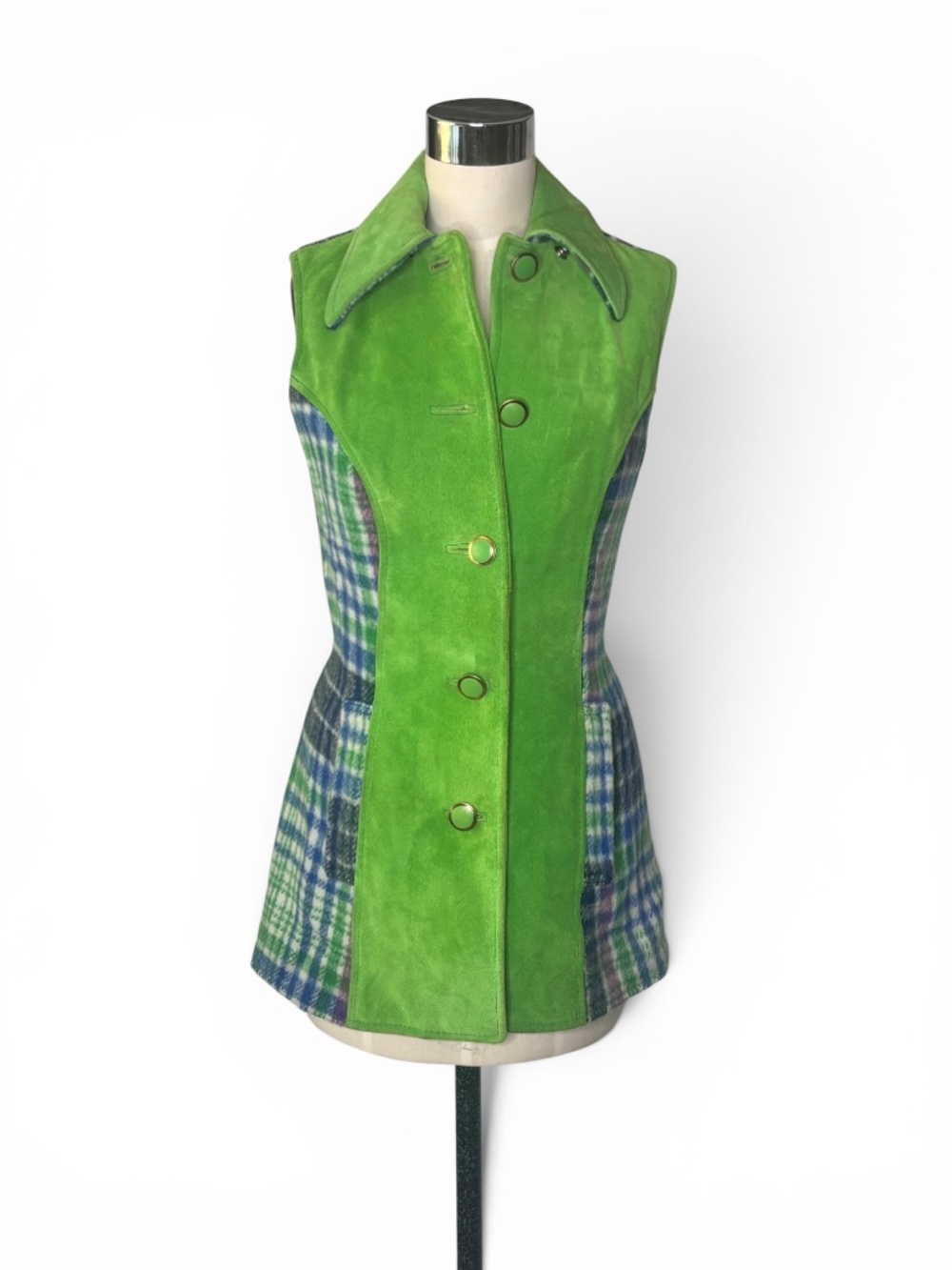 Vintage Pioneer Wear Plaid Wool & Green Suede Cape Vest Set | 1970s Southwestern - Picture 3 of 15